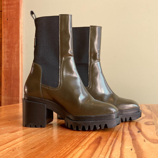 36 / 6 - AllSaints Olive Green Skarlet Square Toe Chelsea Chunky Boots 0103SA