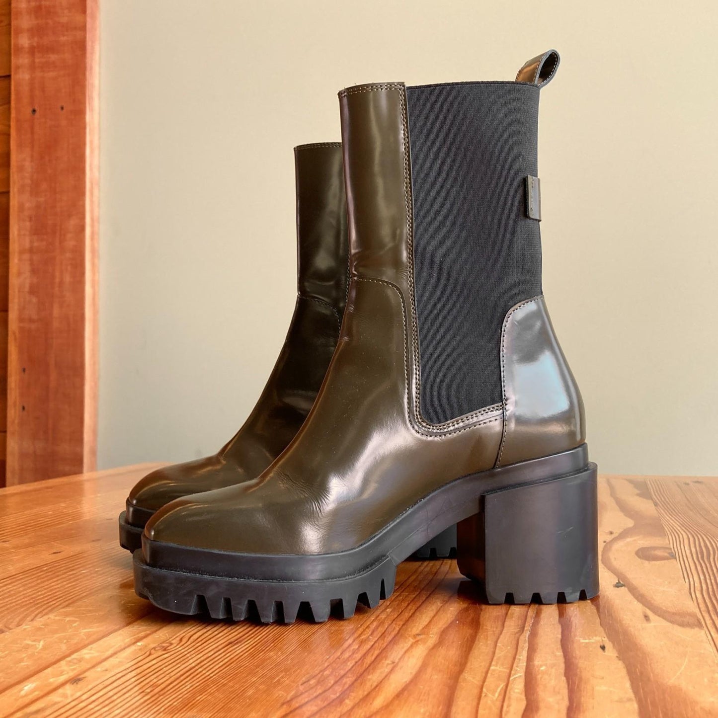 36 / 6 - AllSaints Olive Green Skarlet Square Toe Chelsea Chunky Boots 0103SA