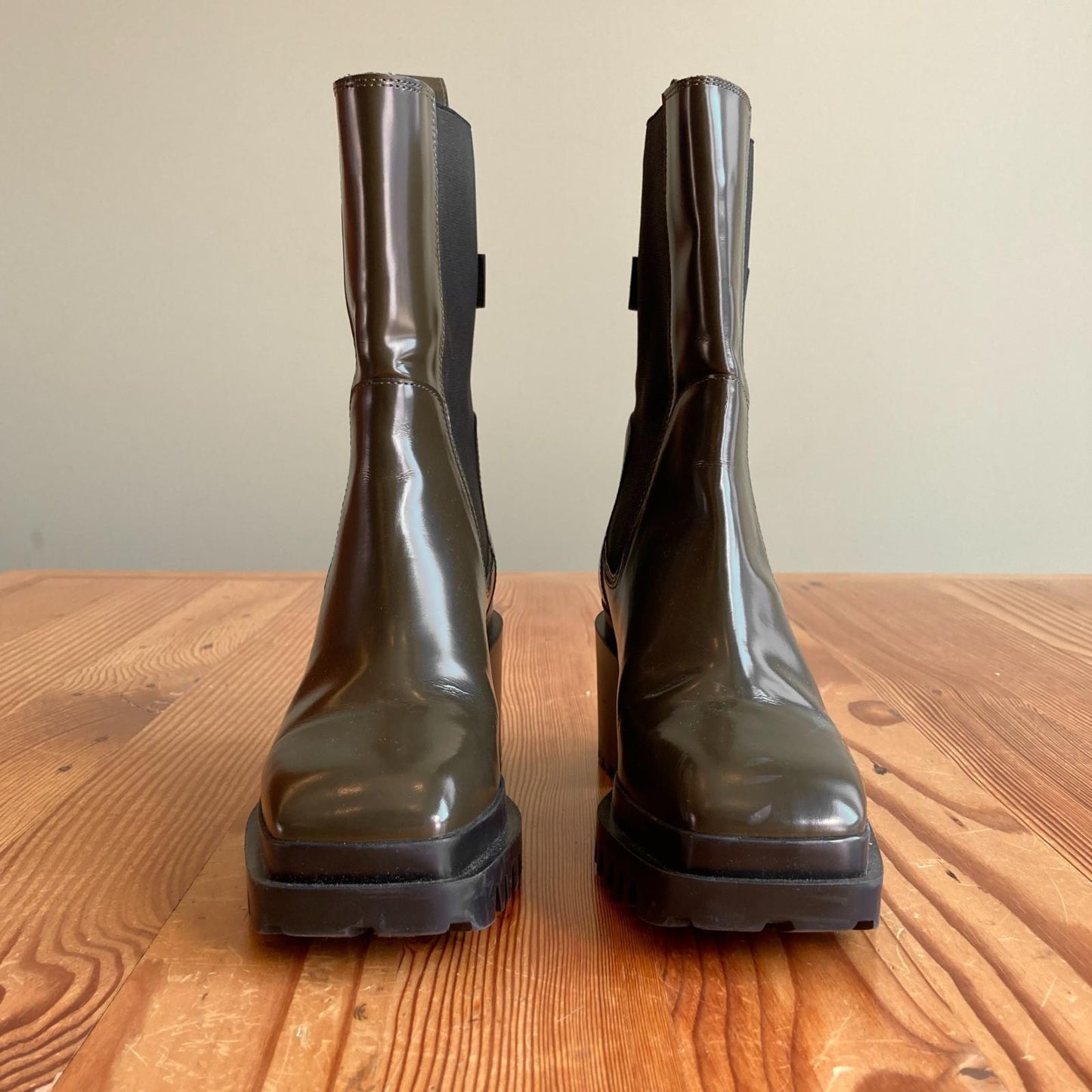 36 / 6 - AllSaints Olive Green Skarlet Square Toe Chelsea Chunky Boots 0103SA