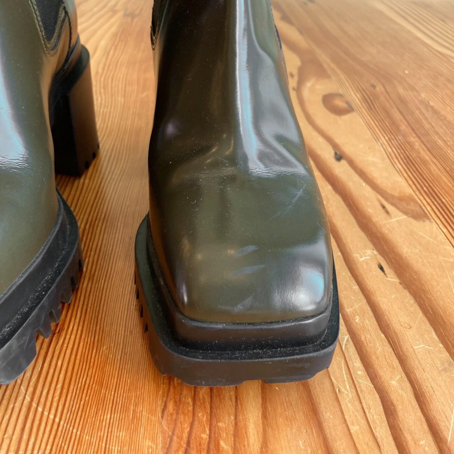 36 / 6 - AllSaints Olive Green Skarlet Square Toe Chelsea Chunky Boots 0103SA