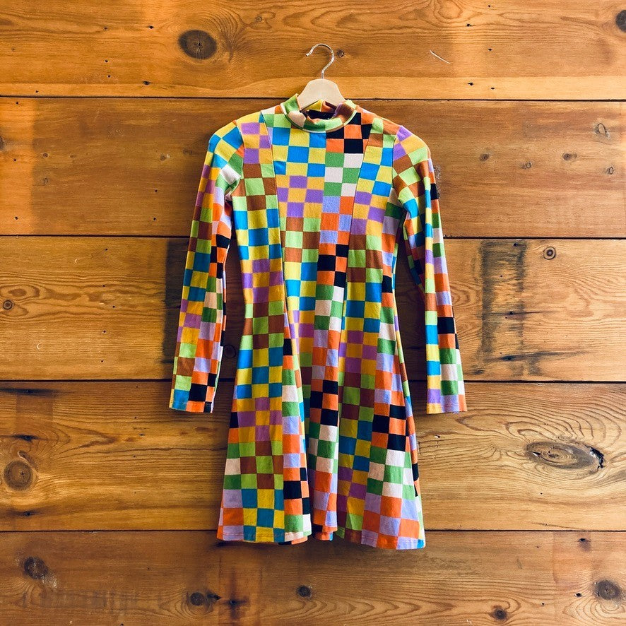 XS - Nooworks Colorful Checkerboard Patterned Mock Neck Skater Dress 0415AB