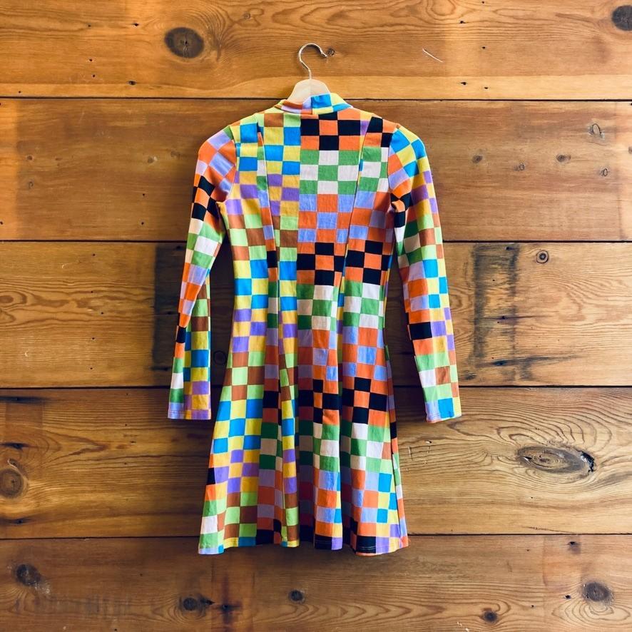 XS - Nooworks Colorful Checkerboard Patterned Mock Neck Skater Dress 0415AB