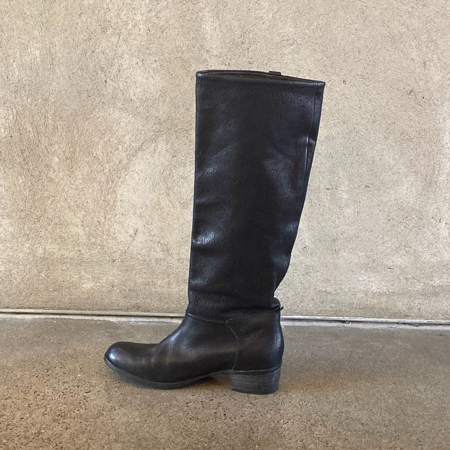 36 / 6 - Coclico Black Leather Pull-On Knee High Stacked Heel Boots 0209SB