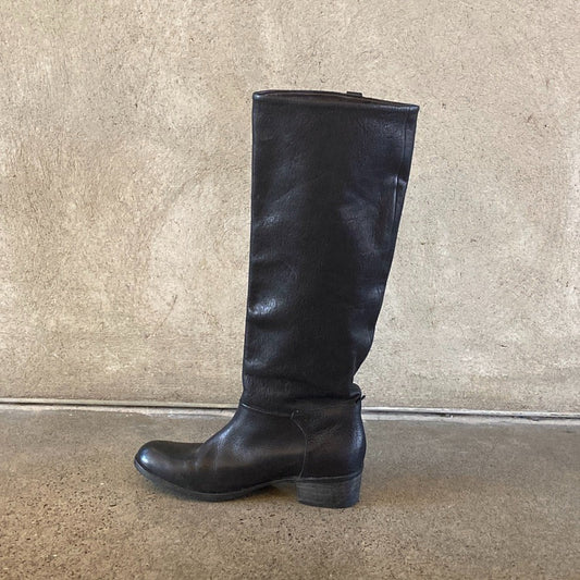 36 / 6 - Coclico Black Leather Pull-On Knee High Stacked Heel Boots 0209SB