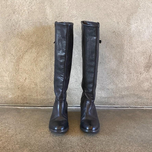 36 / 6 - Coclico Black Leather Pull-On Knee High Stacked Heel Boots 0209SB