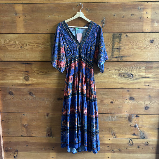 PP / XS - Farm Rio Blue Cool Leopard Ruffle Short Sleeve Maxi Dress 1012LR