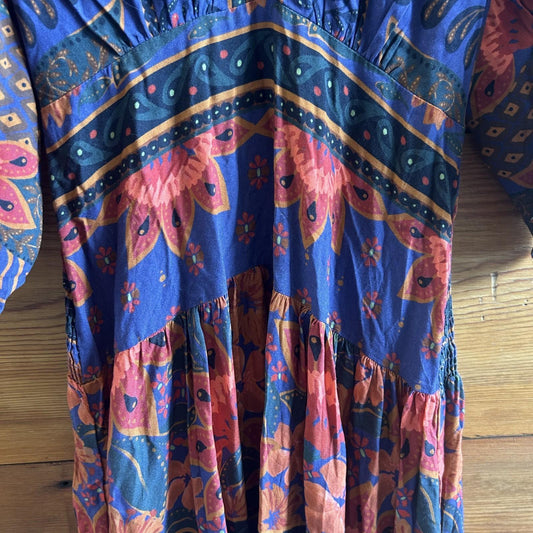 PP / XS - Farm Rio Blue Cool Leopard Ruffle Short Sleeve Maxi Dress 1012LR