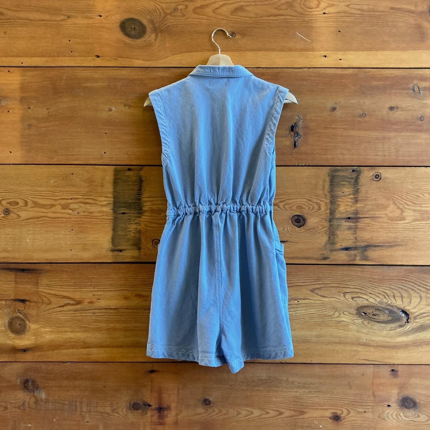 S - Noble Pebble Blue $168 Sleeveless Utility Zip Front Romper 0916VB