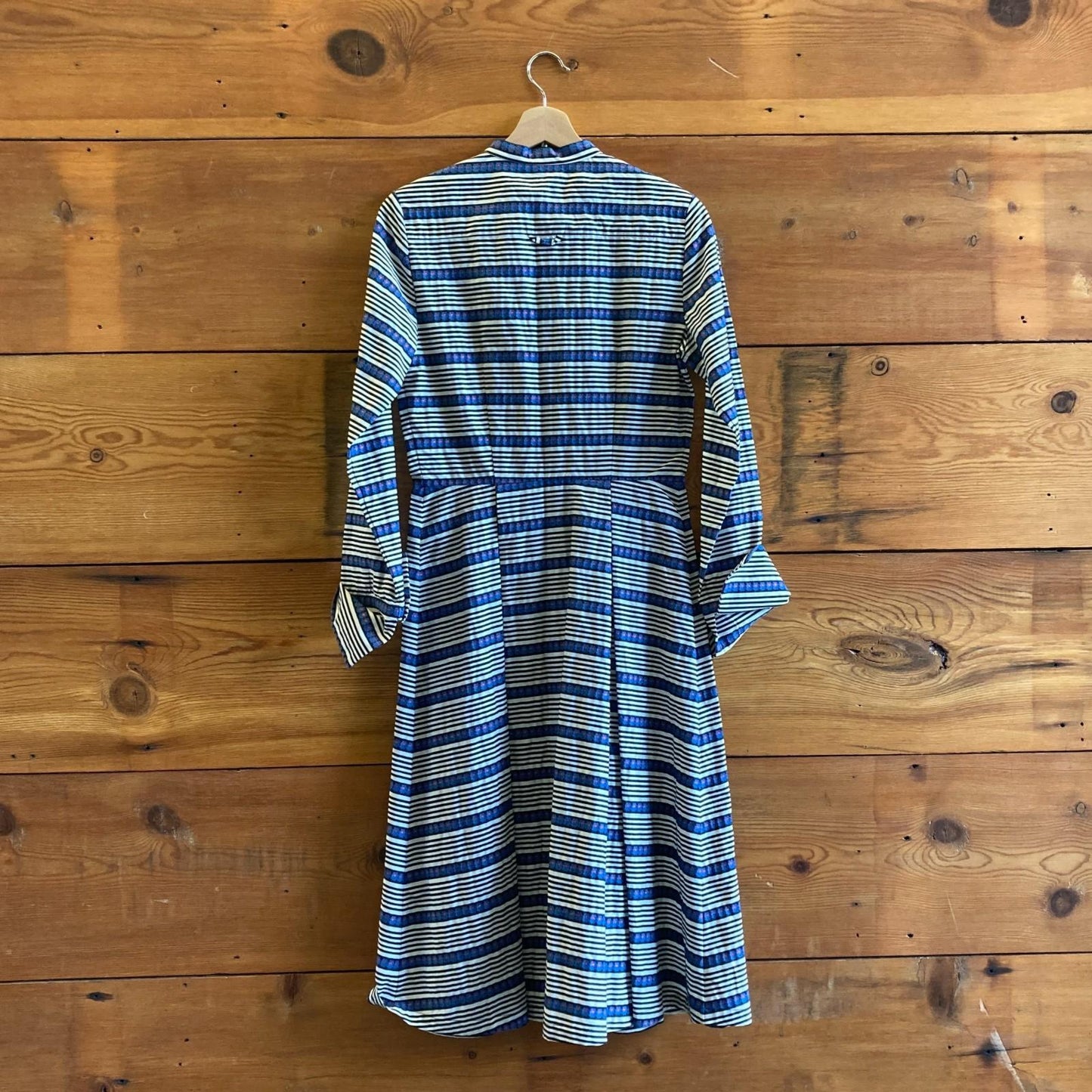 6 - Suno Blue Black White Stripe 3/4 Sleeve Button Front Midi Shirt Dress 0915CM