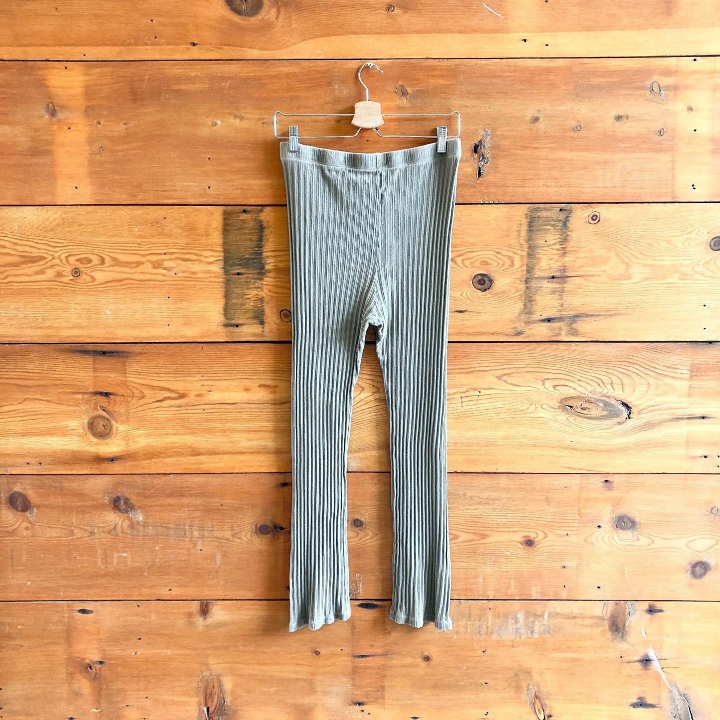 M - Rudy Jude Olive Green Pointelle Knit Kick Flare Leggings Pants 0312IG