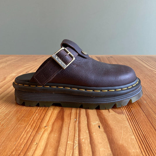 6 - Dr Martens $130 Brown Leather Zebzag Platform Mules Shoes NEW NWOB 0312IG