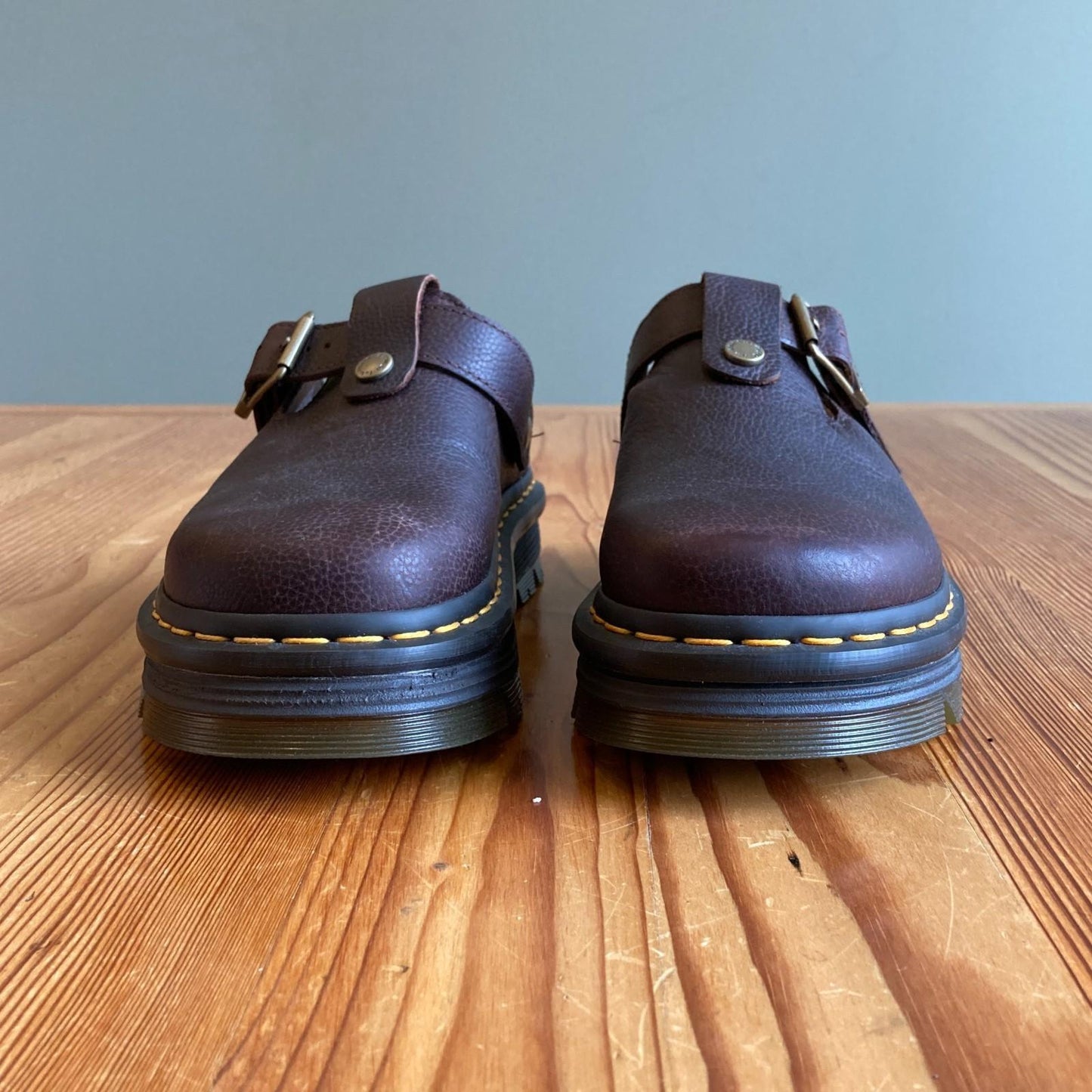 6 - Dr Martens $130 Brown Leather Zebzag Platform Mules Shoes NEW NWOB 0312IG
