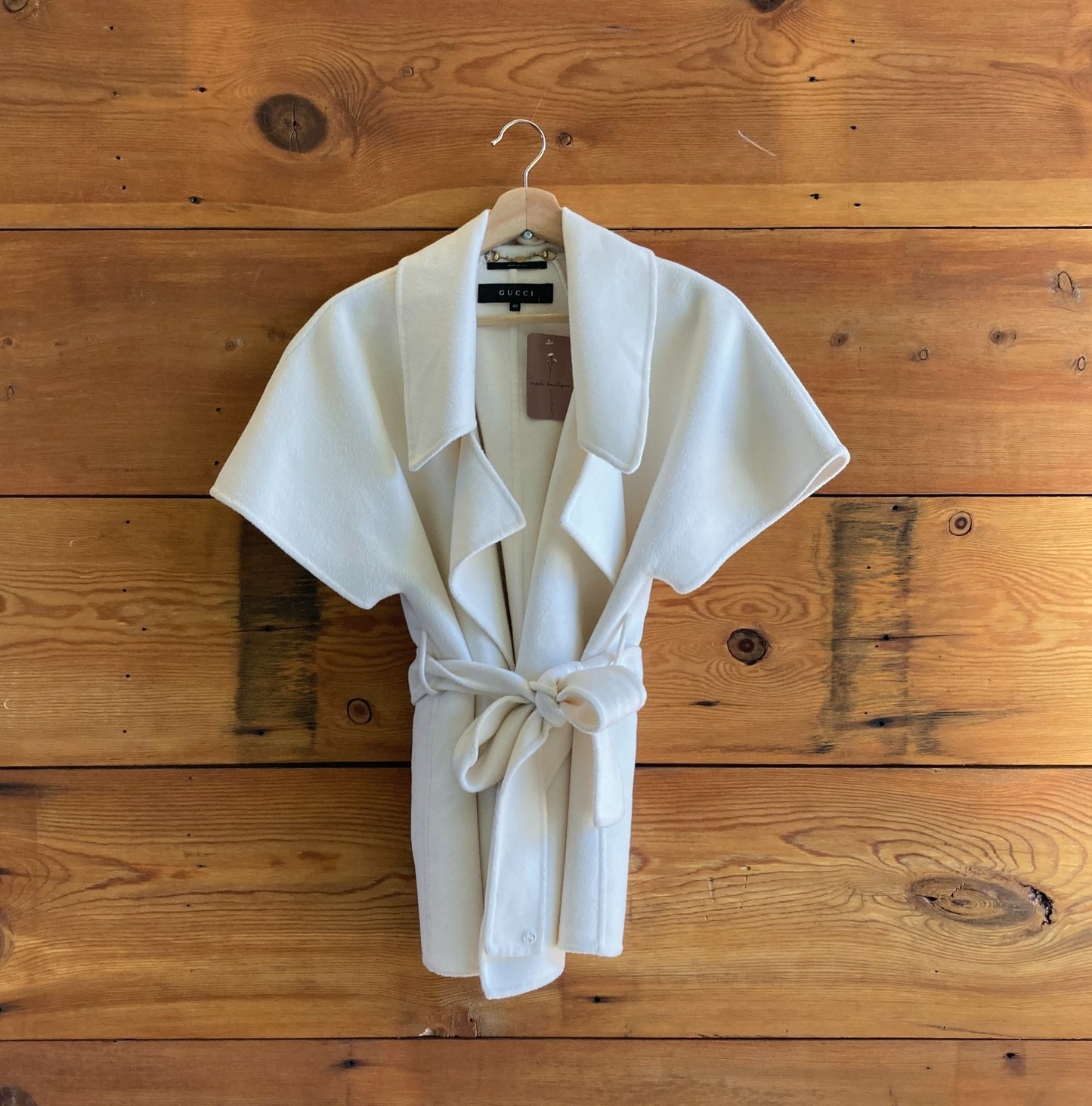 46 / L - Gucci White Wool Angora Open Front Belted Short Sleeve Jacket 1016SS