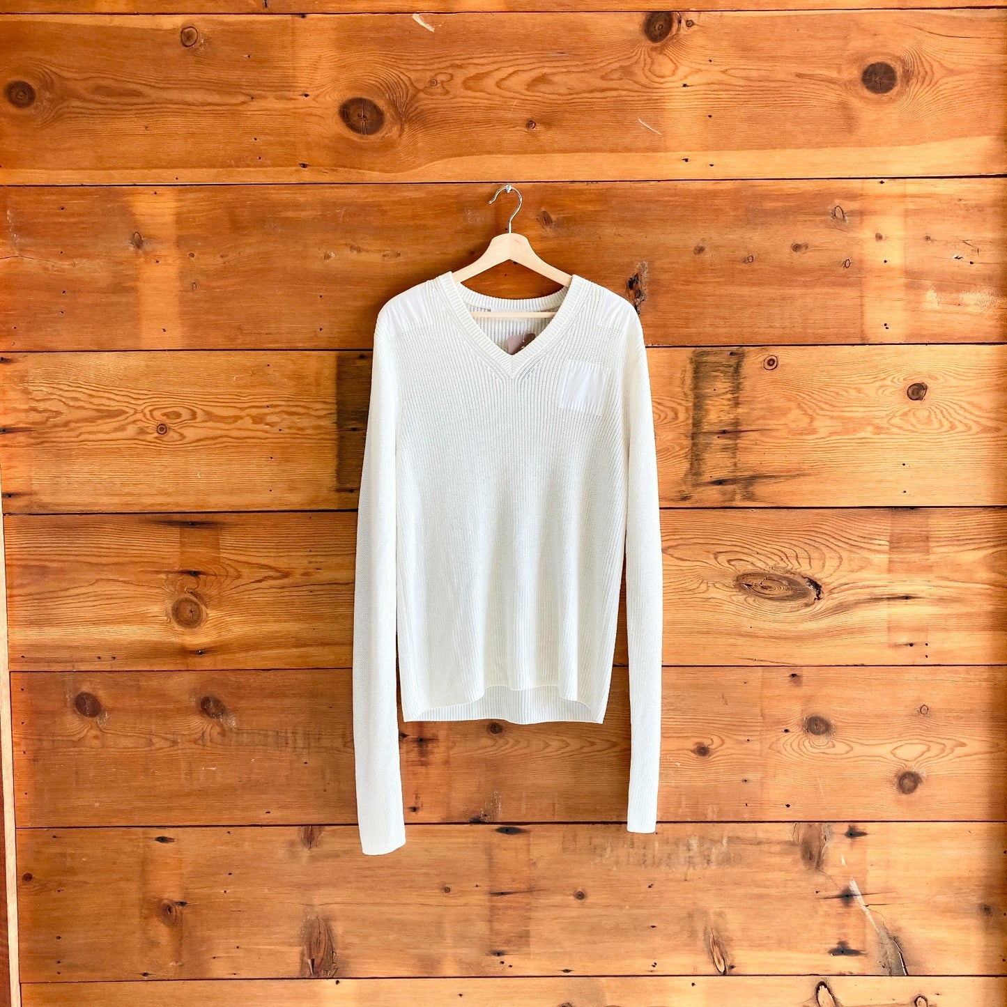 M - Helmut Lang White V Neck Long Sleeve Pullover Knit Sweater 1201SG