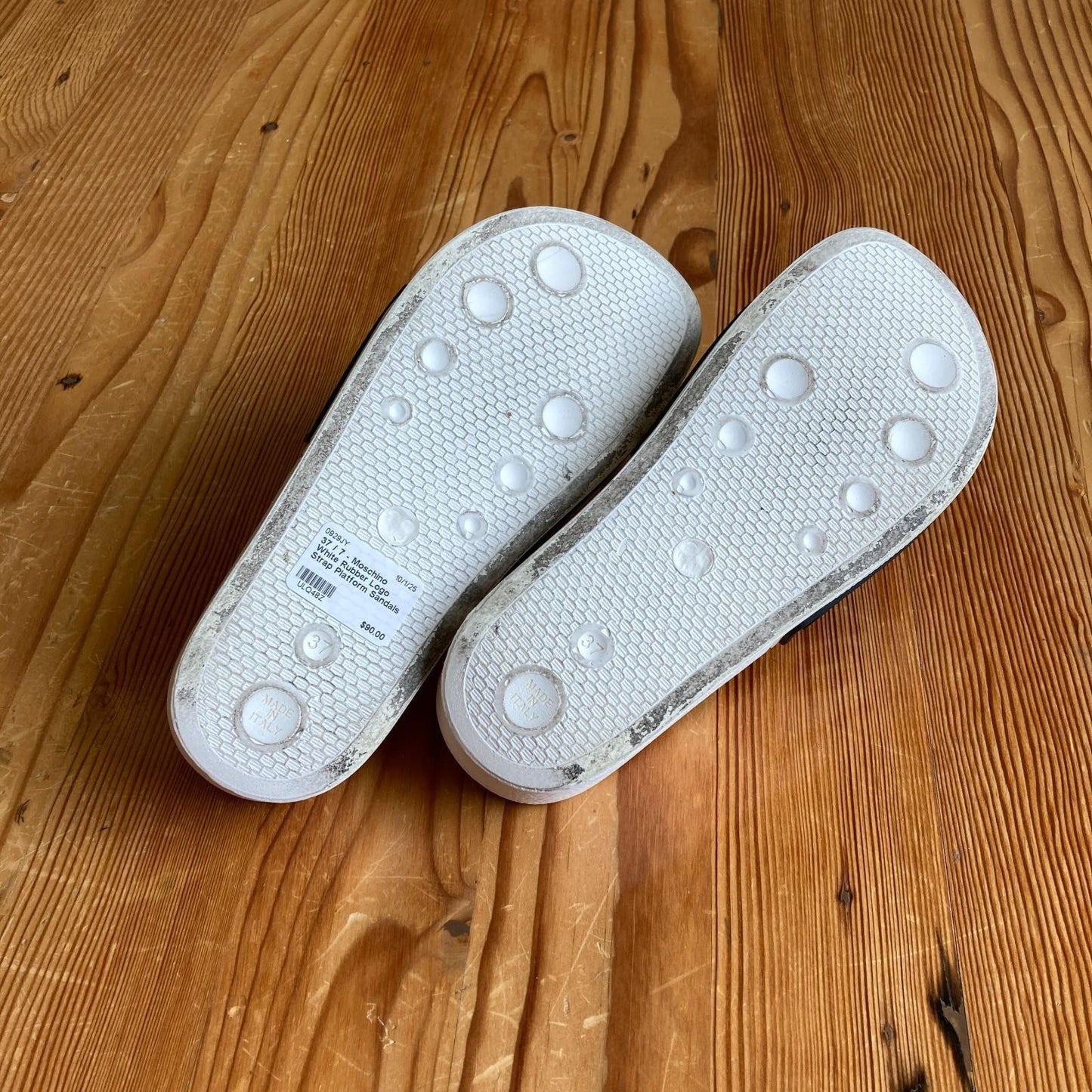 37 / 7 - Moschino White Rubber Logo Strap Platform Sandals Slides 0929JY