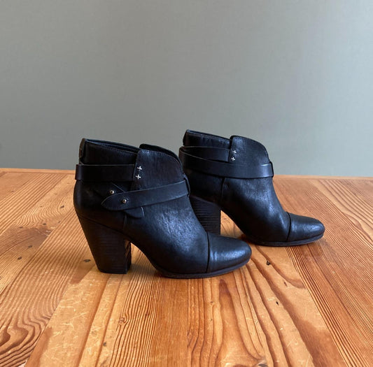 39.5 - Rag & Bone Black Leather Stacked Heel Harrow Ankle Booties Boots 1217JD