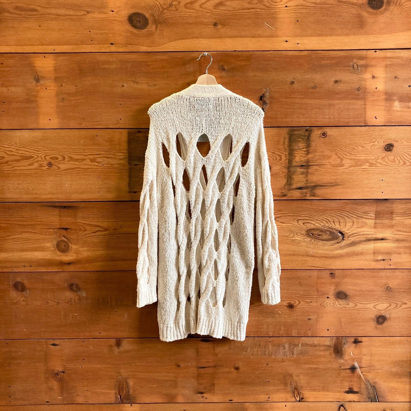 S - Rus Chalk White Shokki Open Cable Cardigan Knitted Sweater 1117KW