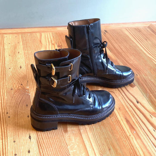 38 / 8 - See by Chloe Black Lace Up Ankle Mallory Buckle Boots 0417DL