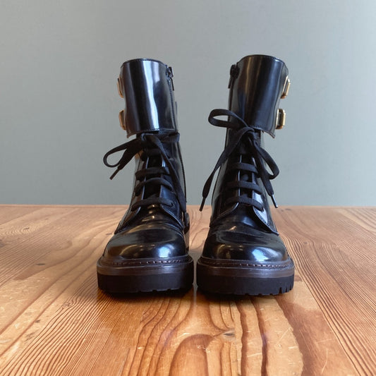 38 / 8 - See by Chloe Black Lace Up Ankle Mallory Buckle Boots 0417DL