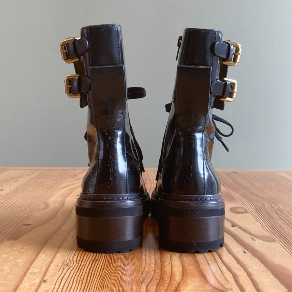 38 / 8 - See by Chloe Black Lace Up Ankle Mallory Buckle Boots 0417DL