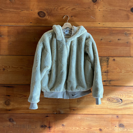 L - Nike Essentials Cream White Ultra Plush Faux Fur Hooded Bomber Jacket 1009EF