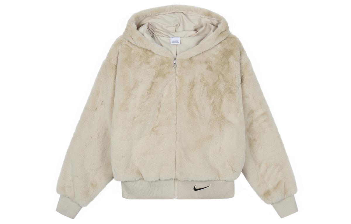 L - Nike Essentials Cream White Ultra Plush Faux Fur Hooded Bomber Jacket 1009EF