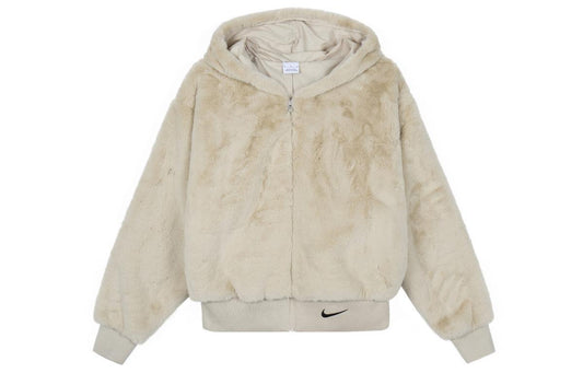 L - Nike Essentials Cream White Ultra Plush Faux Fur Hooded Bomber Jacket 1009EF