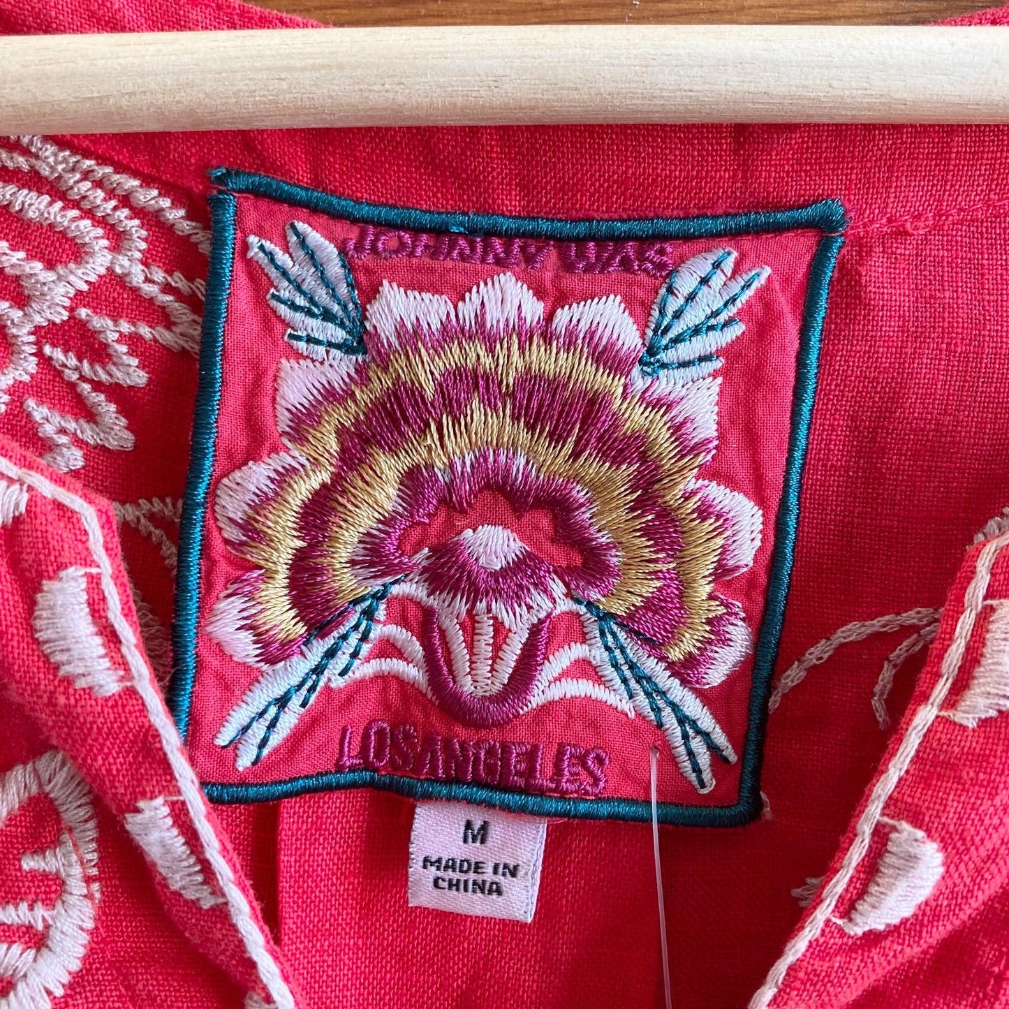 M - Johnny Was Red Linen Floral Embroidered Abigail Short Sleeve Dress 1011DK