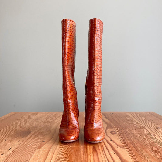 38 / 7.5 - Twinset Brown Crocodile-Embossed Knee-High Heeled Boots 0113TS