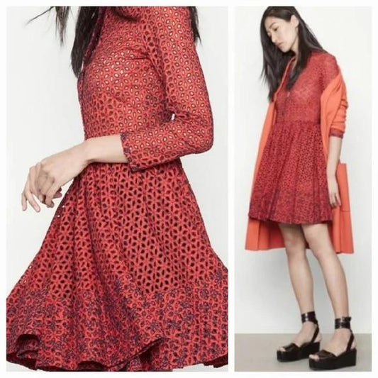 1 / S - Maje Red Navy Eyelet Embroidered Rayano Long Sleeve V-Neck Dress 1010RW