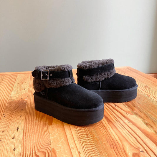 7 - Ugg Black Suede Sheepskin Ultra Mini Belted Platform Roller Boots NEW 0517DS