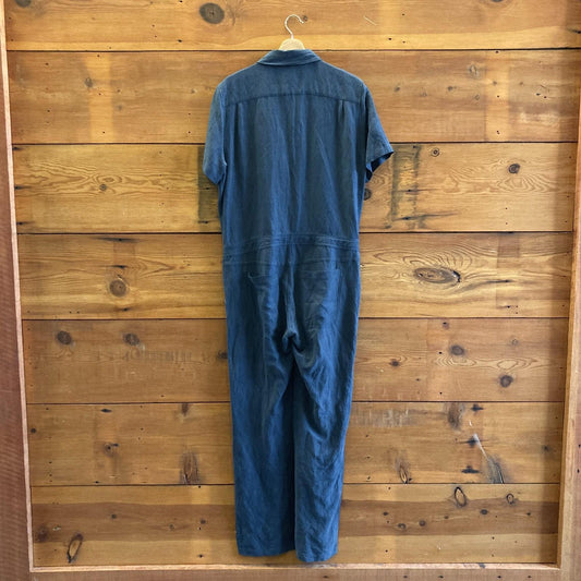 L - Bridge & Burn Navy Blue Short Sleeve Zip Up Linen Blend Jumpsuit 0201KO