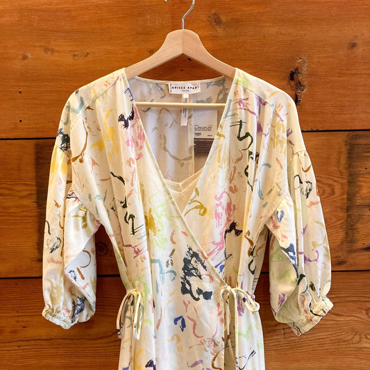 4 - Apiece Apart White Brush Strokes Cobano Half Sleeve Wrap Maxi Dress 1108VA