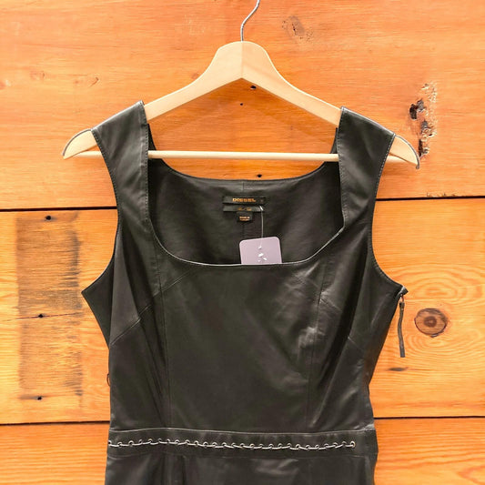S - Diesel Black Leather Sleeveless Vintage Lined Mini Dress 1111ES