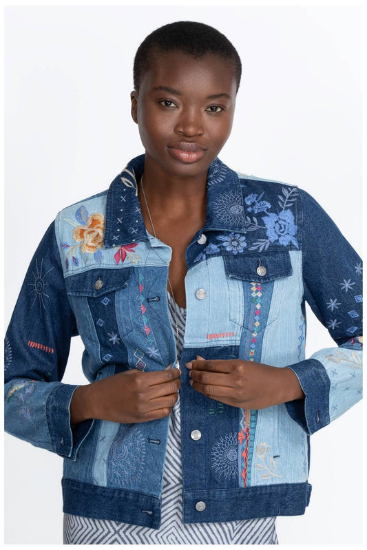 M - Johnny Was Workshop $350 Taryn Embroidered Denim Patchwork Jacket 1026JL