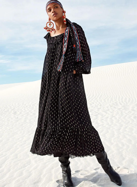 S - Peruvian Connection Black Metallic Gold Flecked Print Lancaster Dress 1117DB