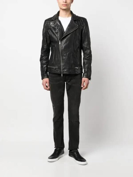 S Mens - AllSaints Black Kushiro Leather Slim Fit Biker Jacket 1120SM
