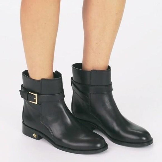 7.5 - Tory Burch Brooke Black Leather w/ Gold Tone Buckle Ankle Boots 0315MN