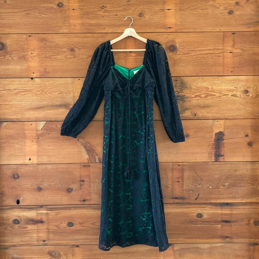 L - Farm Rio Black Lace Long Sleeve Tie Neck Midi Dress NEW $360 0205BS