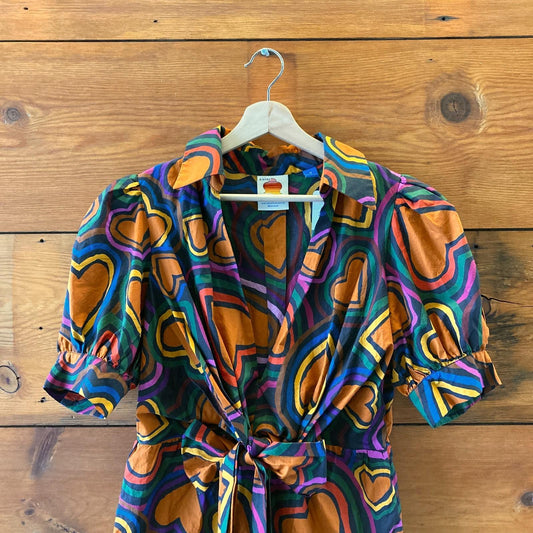 M - FARM Rio Anthropologie Colorful Heart Print Puff Sleeve Mini Dress 1203TR