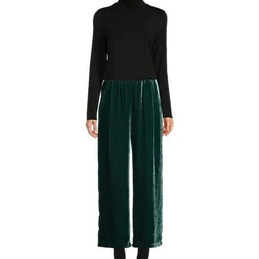 L - Eileen Fisher Dark Green Velvet Elastic Waist Wide Leg Pants 0425SV