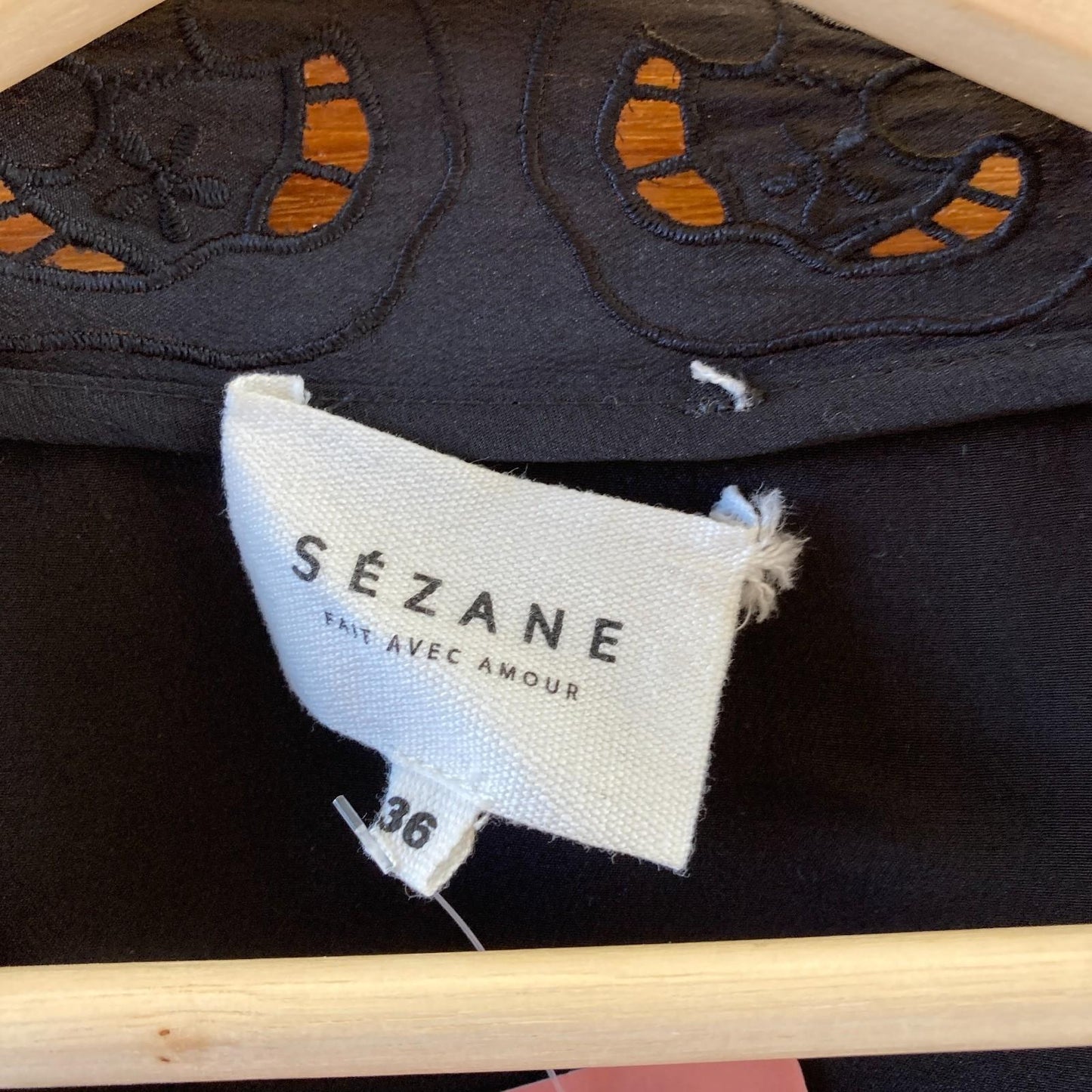 36 / S - Sezane Black Silk Embroidered Trim 100% Silk Wrap Shirt Top 0518KR