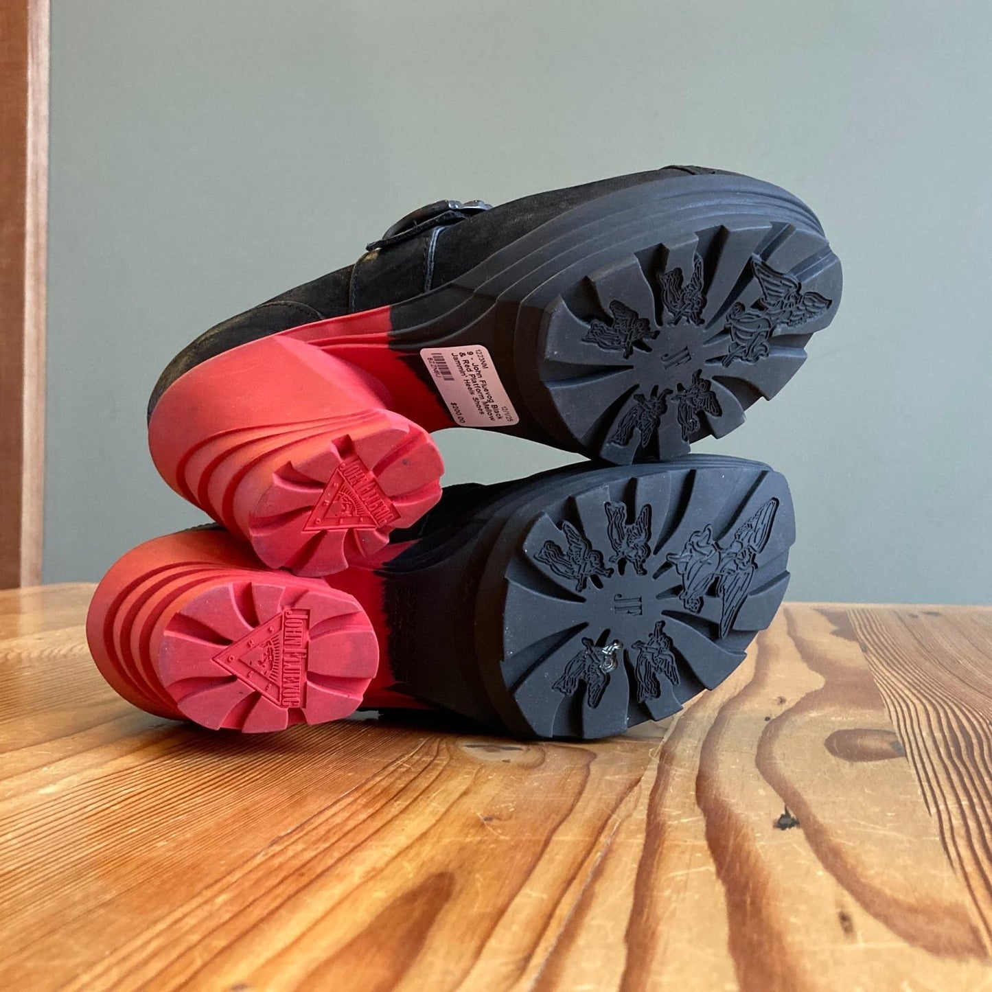 9 - John Fluevog Black & Red Platform Mellow Jammin' Heels Shoes 1223NM