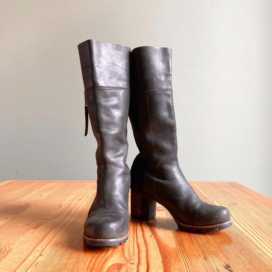 8.5 - Sorel Black Leather Suede Waterproof Addington Tall Heeled Boots 0830QL