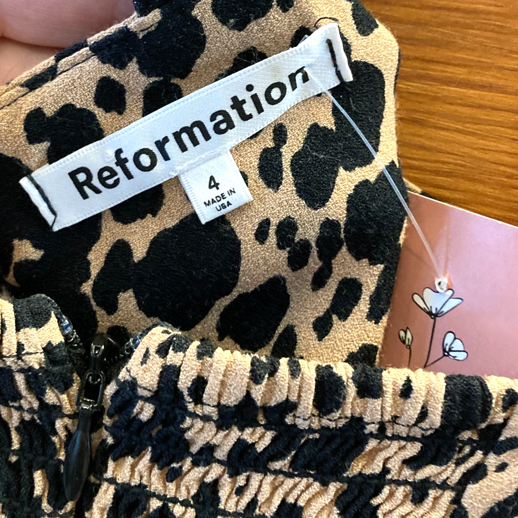 4 - Reformation Cheetah Animal Print Tan Black Elton Open Back Midi Dress 1201LI