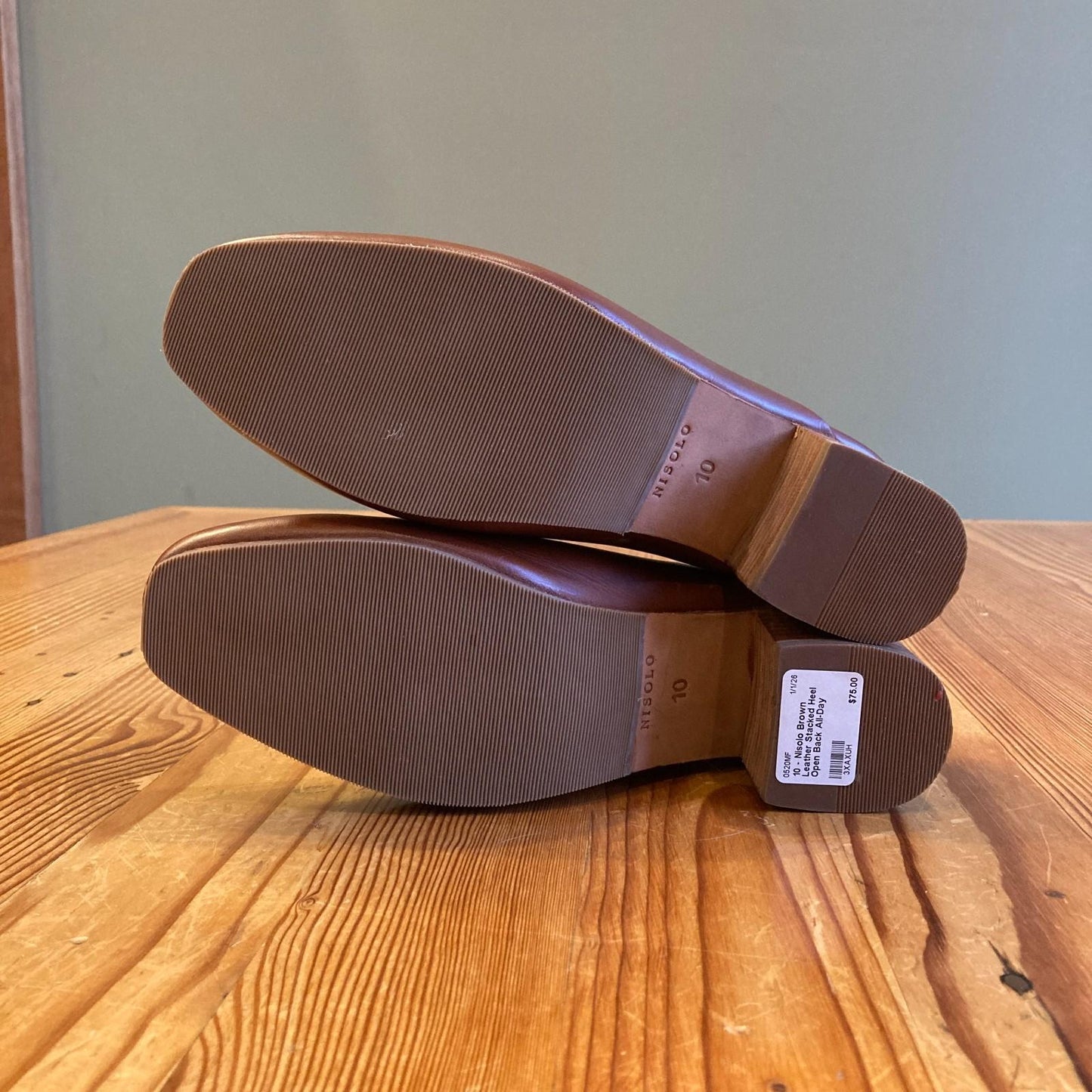 10 - Nisolo Brown Leather Stacked Heel Open Back All-Day Mules Shoes 0520MF