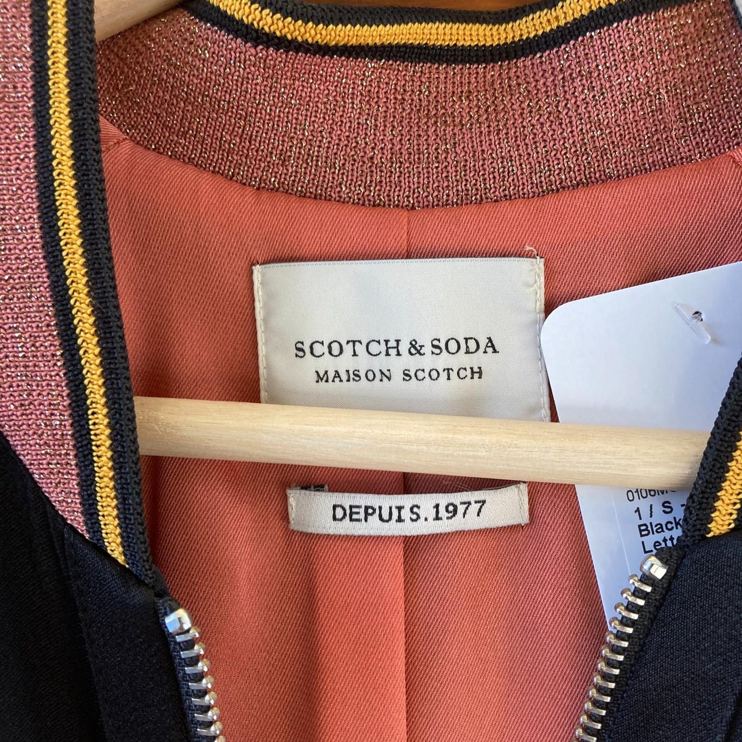 1 / S - Maison Scotch Black Pink 'M' Silky Letterman Bomber Jacket 0106MG