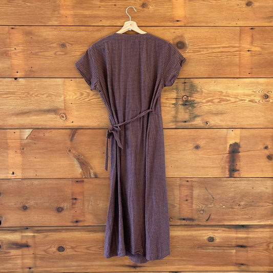 L - Bridge & Burn Brown Striped Short Sleeve Wrap Cotton Hemp Saria Dress 0929LL