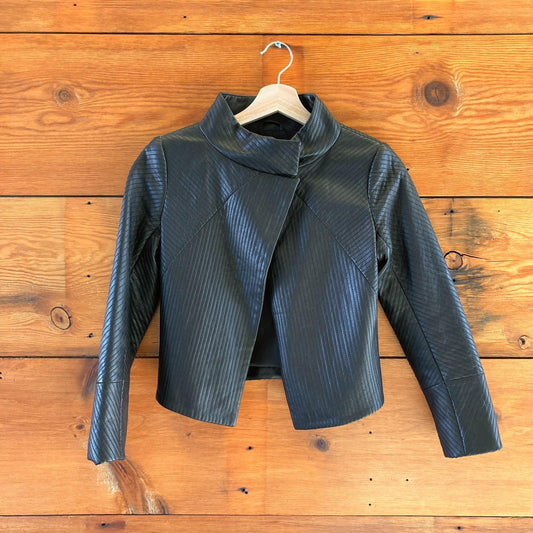 P / XS - Theory Black Thoroughbred Leather Embry Open Front Jacket 0619SM