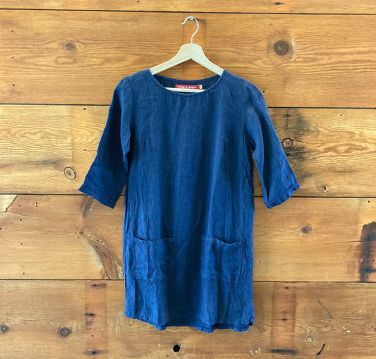 Pyne & Smith Navy Blue 3/4 Sleeve Linen Tunic Top Mini Dress - Size XS - 0203SK